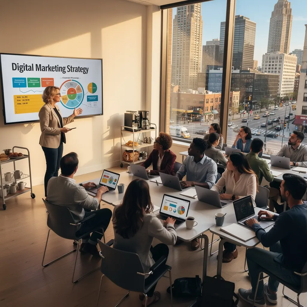 Студенты, работающие над проектом по планированию маркетинговых кампаний.