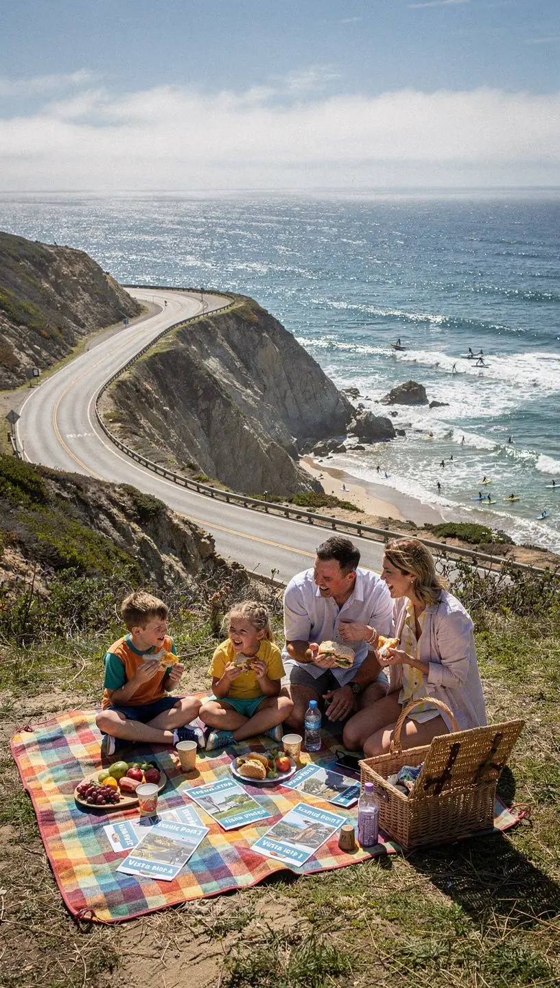 Солнечный день, люди у пикника на живописной остановке.