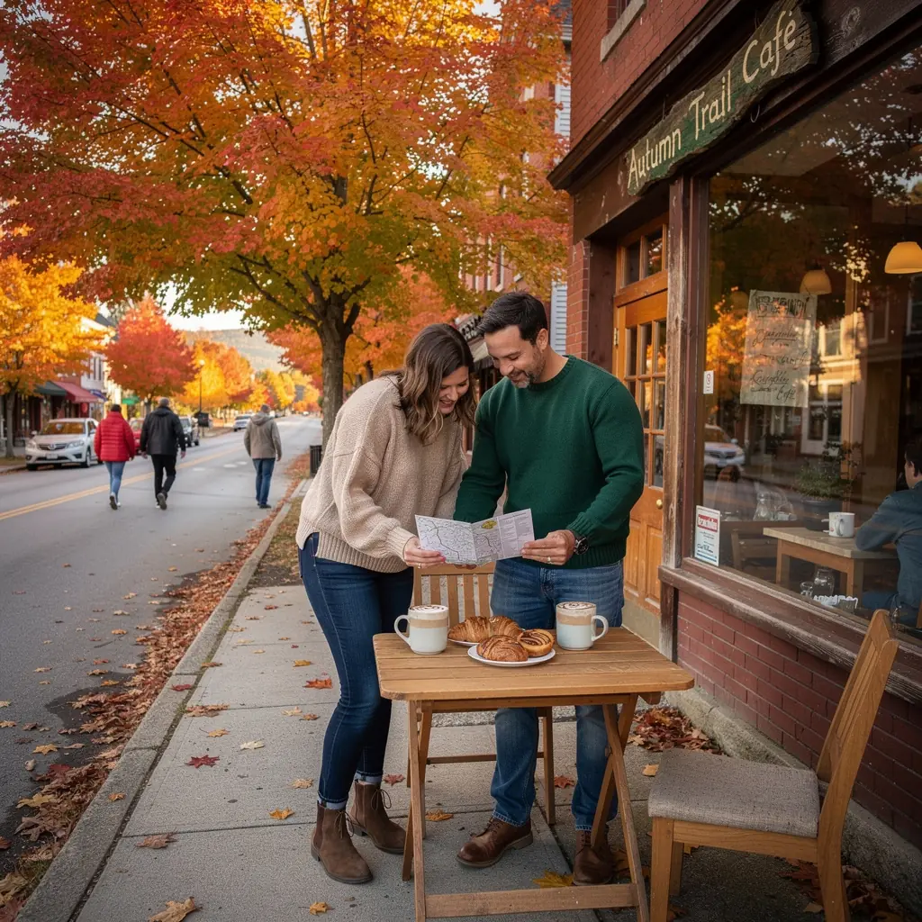Дорога, извивающаяся через лес, с яркими осенними листьями.